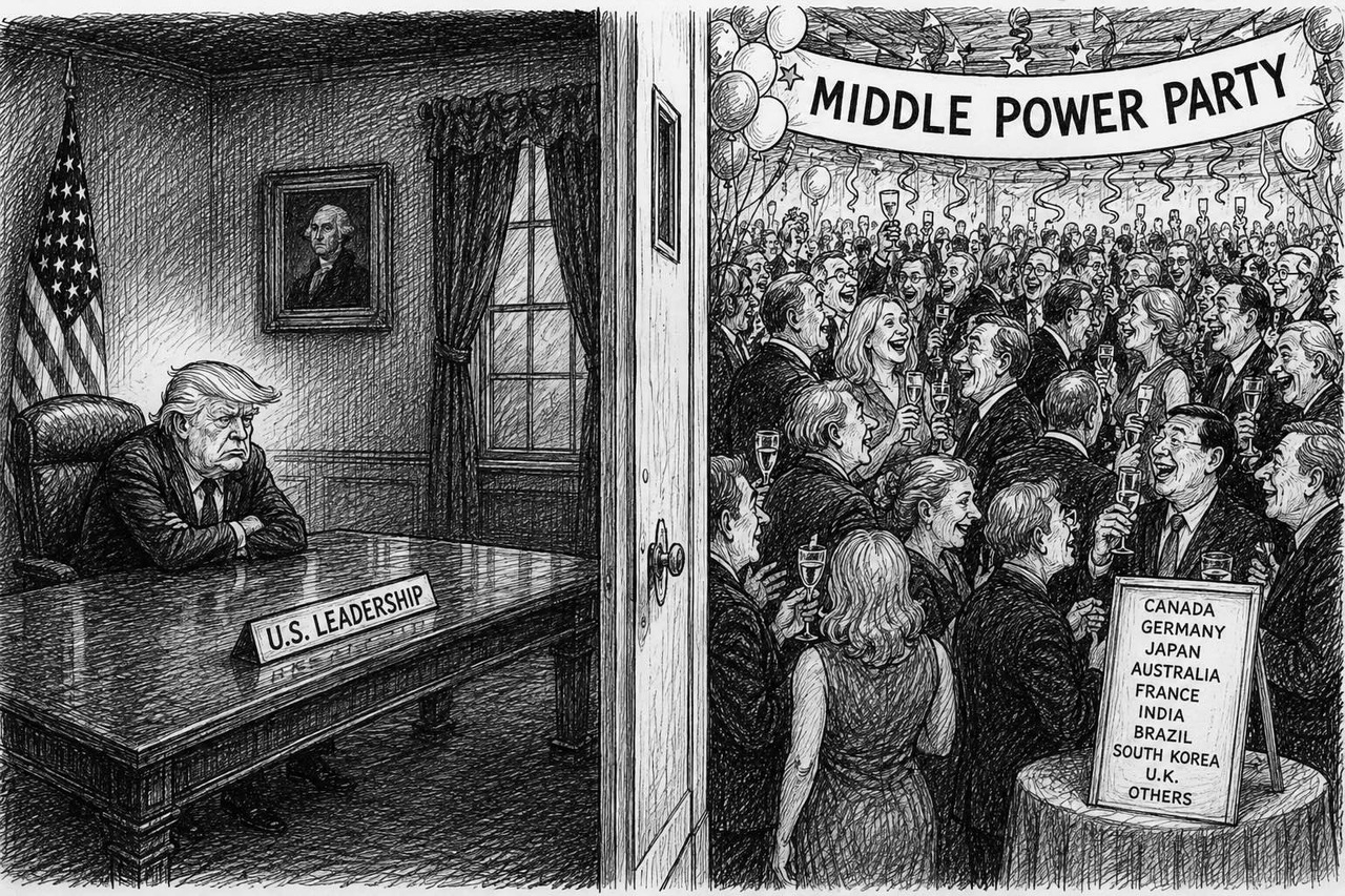 Editorial cartoon about the rise of middle powers in a changing world order