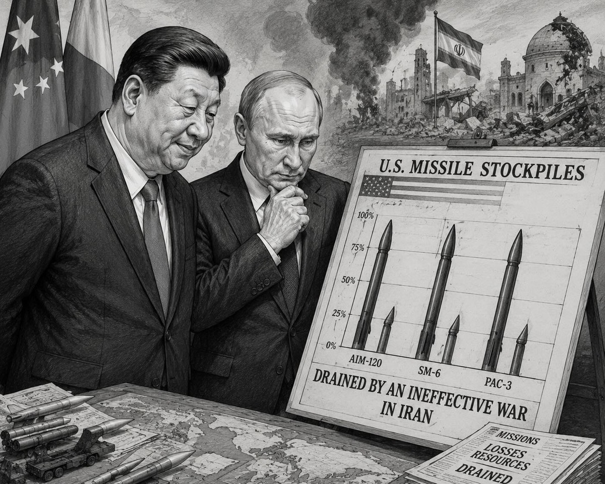 Editorial cartoon about depleted American missile stockpiles after the Iran war