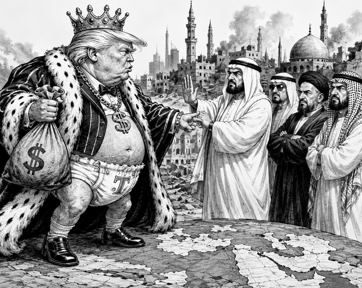 Editorial cartoon depicting Donald Trump as a mobster rebuffed during Middle East pressure tactics