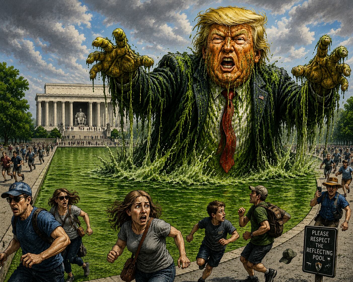 Editorial cartoon of a monster emerging from swamp water