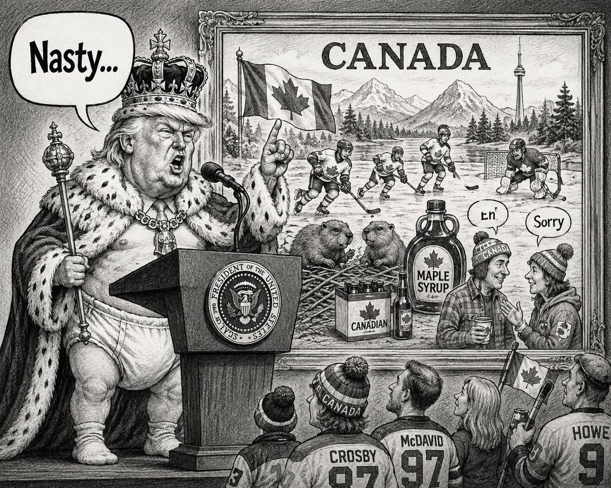 Black-and-white editorial cartoon depicting Donald Trump angrily denouncing Canada as relations between the two countries deteriorate