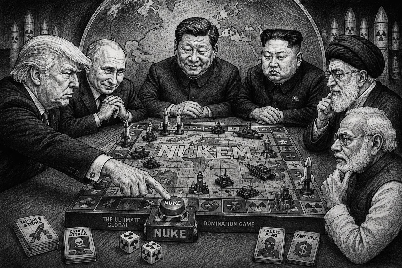 Black-and-white editorial cartoon depicting nuclear-armed authoritarian leaders escalating the danger of nuclear confrontation