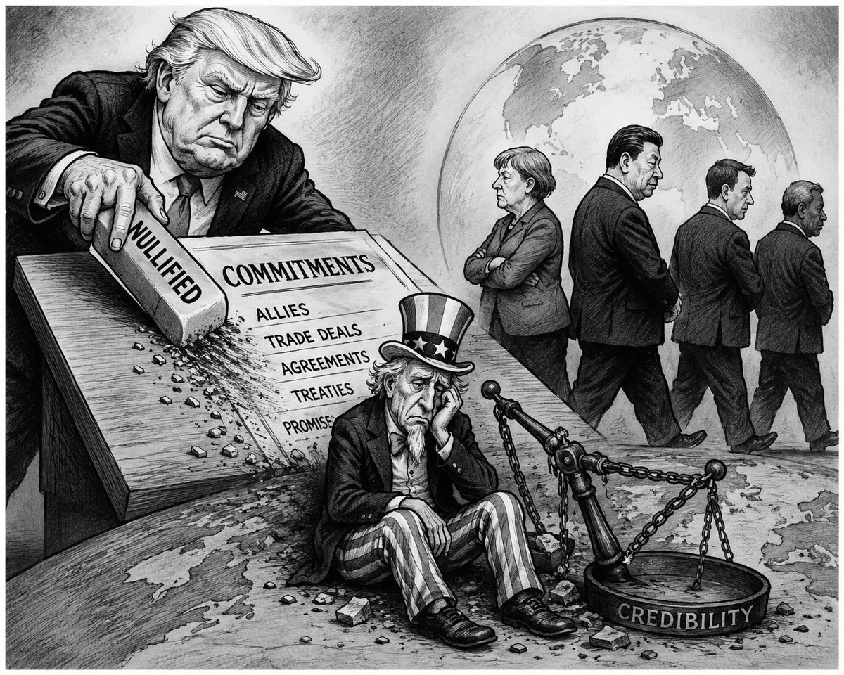 Editorial cartoon depicting the collapse of confidence in American agreements and commitments