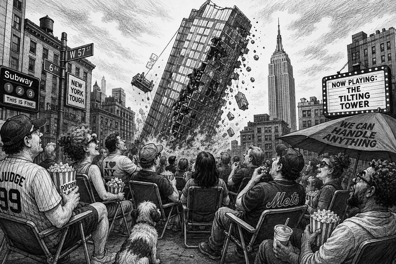 Editorial cartoon titled The wedding over, the city began to collapse