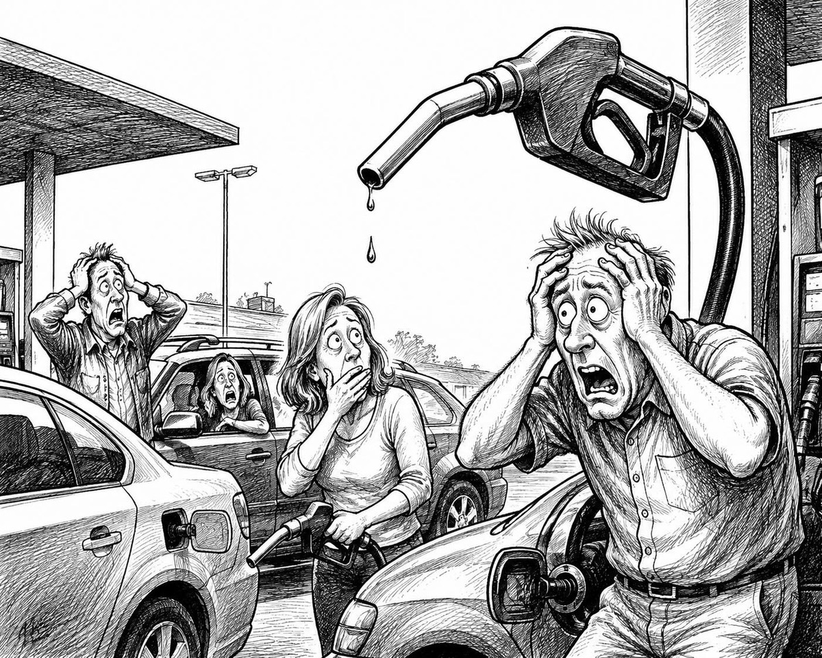 Editorial cartoon showing American drivers overwhelmed by rising gasoline prices at the pump