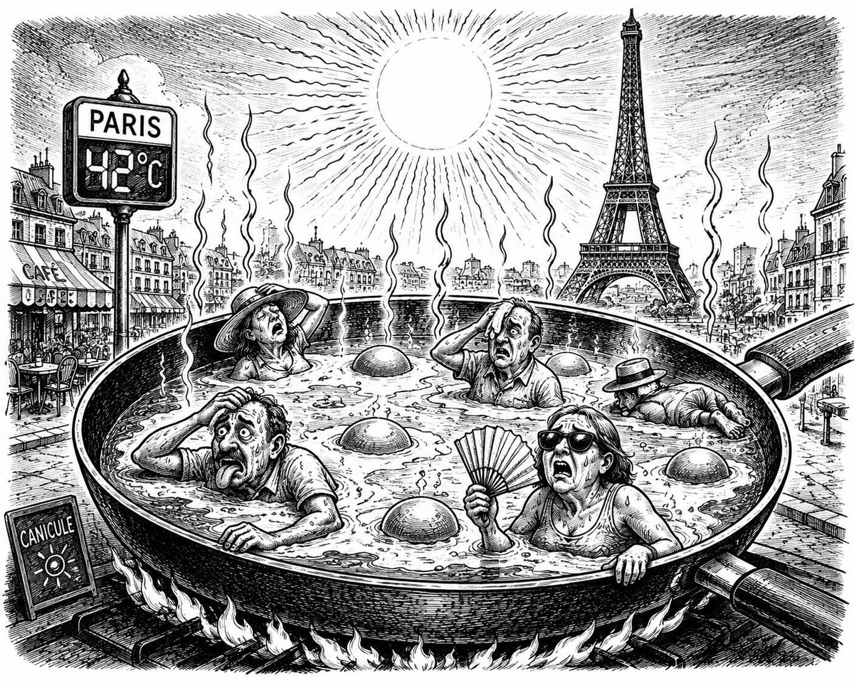 Editorial cartoon about climate change and the Paris heatwave