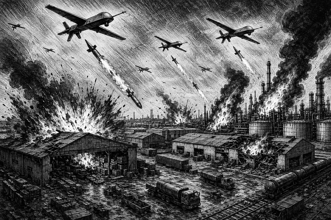 Black-and-white editorial cartoon of Ukrainian drones and missiles striking Russian warehouses and energy infrastructure as Vladimir Putin confronts the consequences of his war