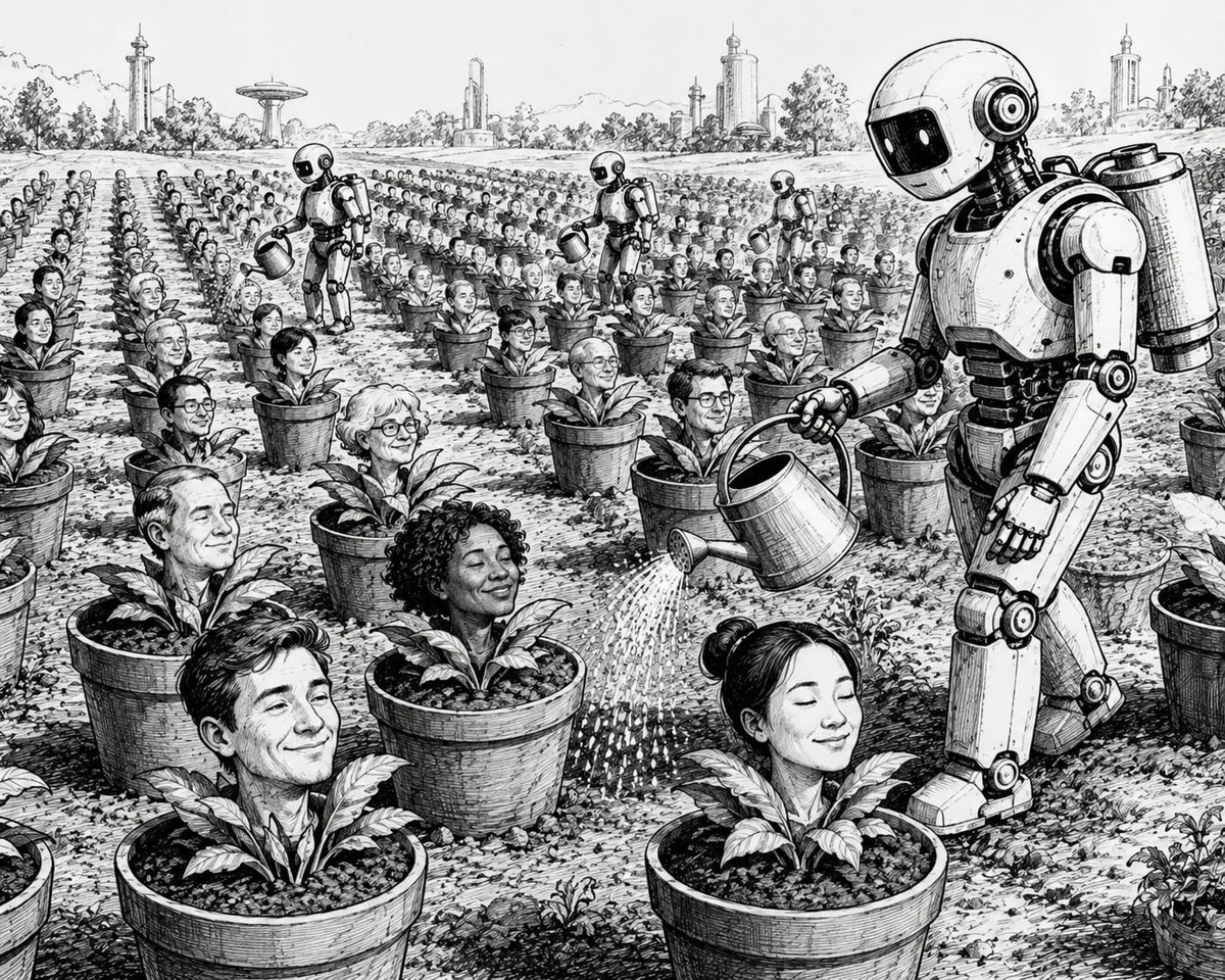 Editorial cartoon depicting people rooted like potted plants while AI-powered robots tend them with watering cans