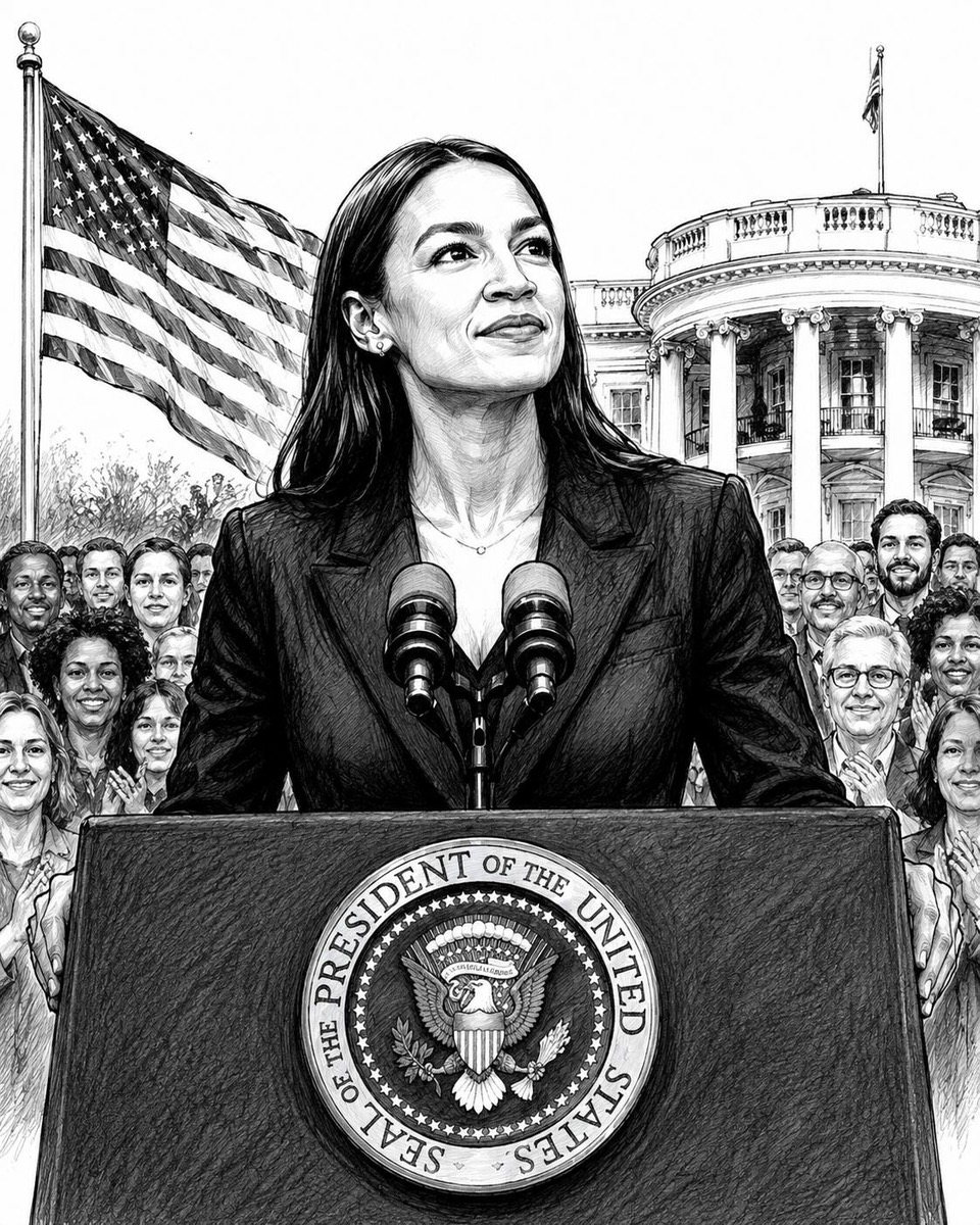 Black-and-white editorial cartoon depicting Alexandria Ocasio-Cortez as a future American president representing a new political generation