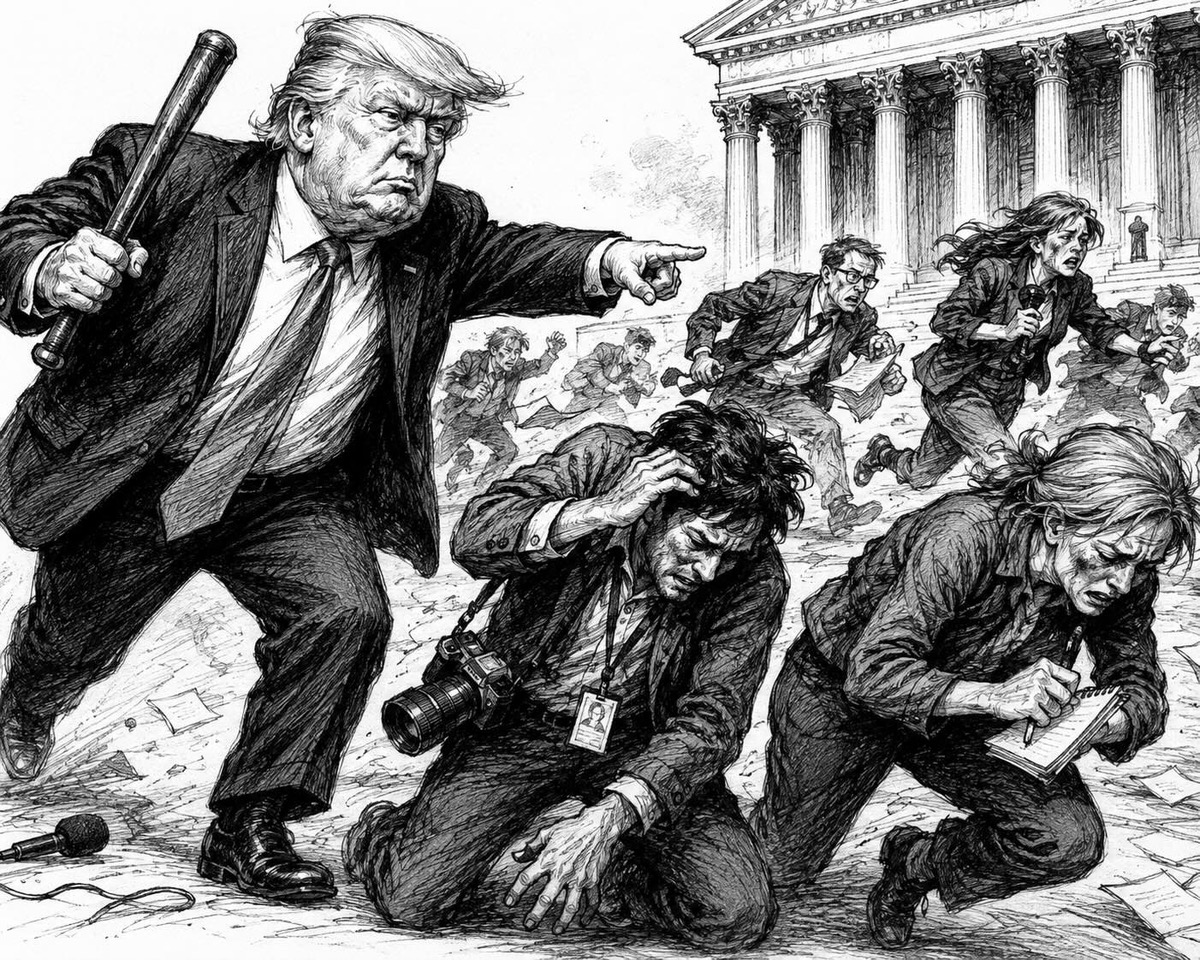 Editorial cartoon about government pressure and the persecution of journalists