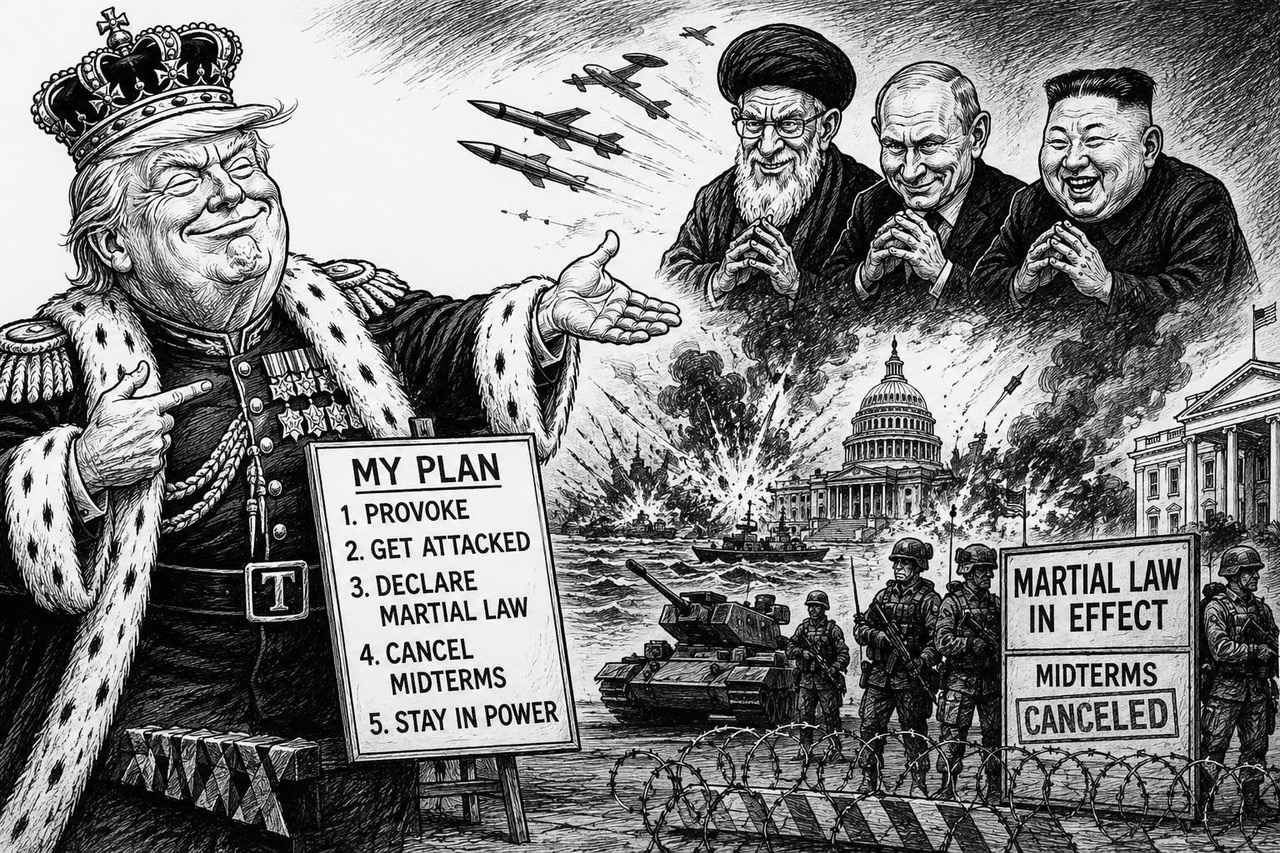 Editorial cartoon questioning whether Donald Trump is courting an attack on America to justify cancelling the midterm elections