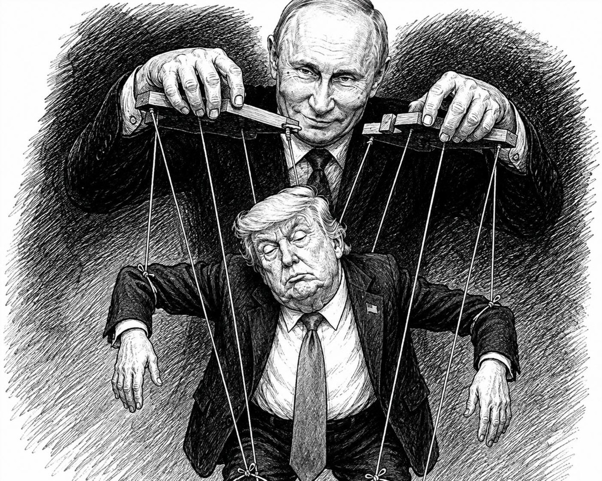 Editorial cartoon depicting Vladimir Putin as puppet master and Donald Trump as a puppet