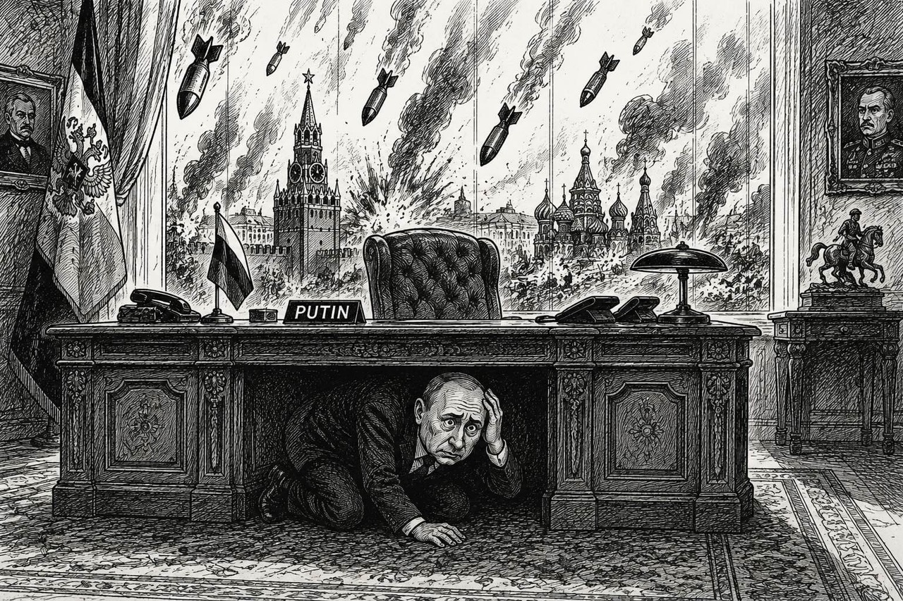 Editorial cartoon of Vladimir Putin facing a turning tide