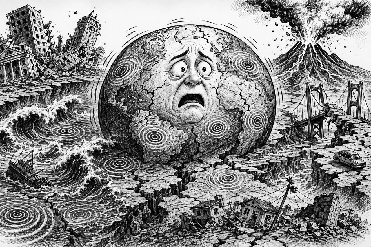 Editorial cartoon depicting an unusual spate of earthquakes around the world