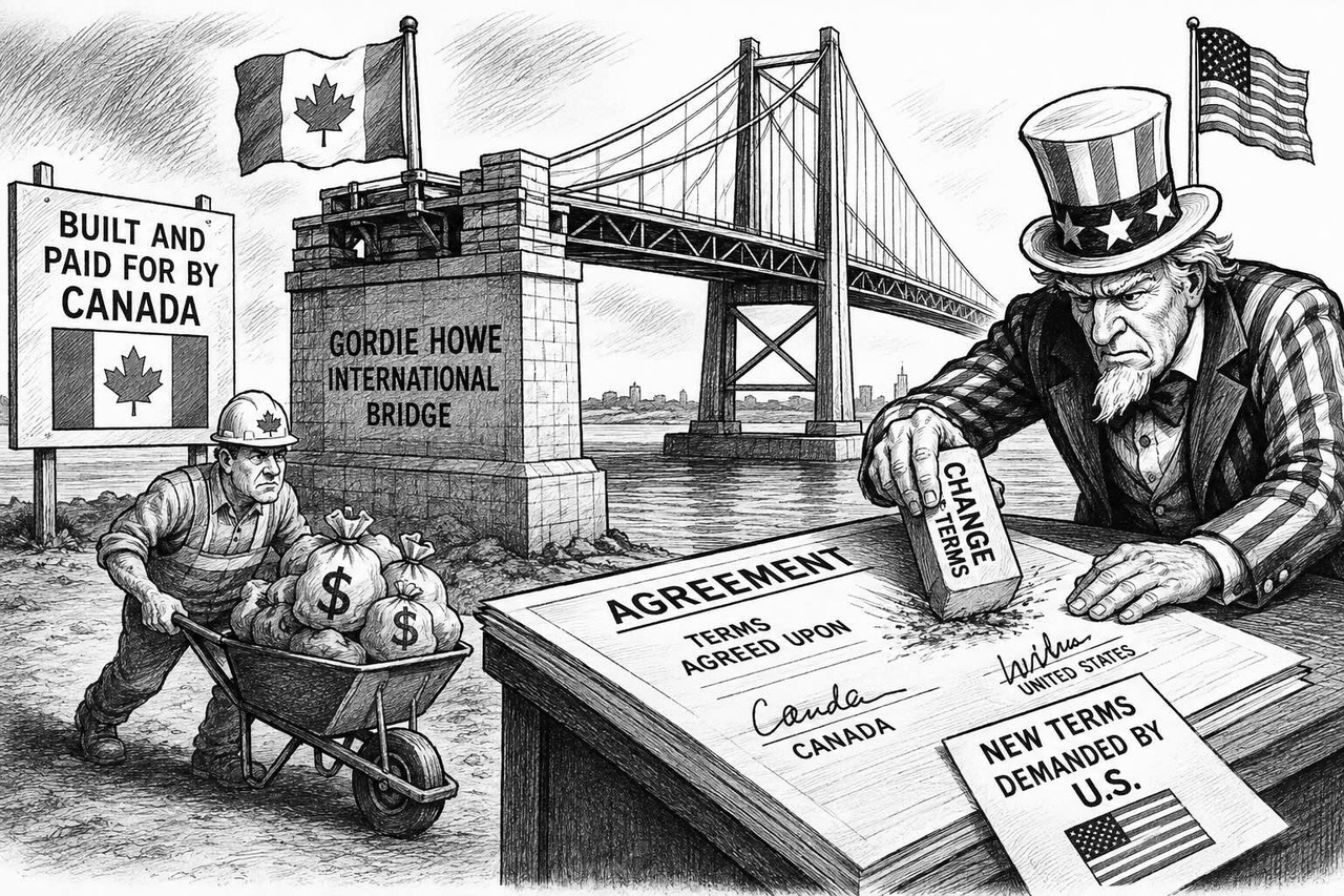 Editorial cartoon depicting the United States reneging on a signed international agreement with Canada