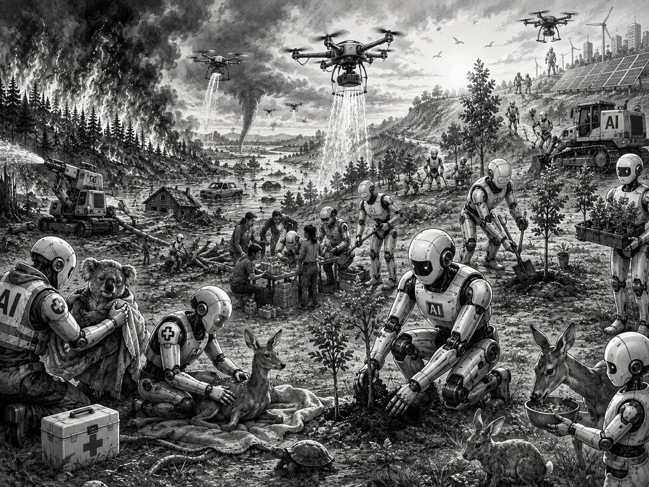 Editorial cartoon depicting AI and robots planting trees, fighting fires, helping wildlife and restoring a climate-damaged world