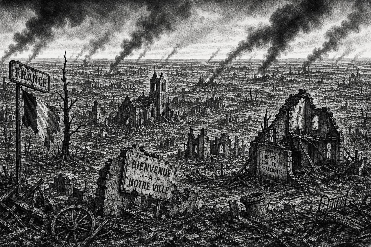 Editorial cartoon showing scorched French towns and a vast burned landscape