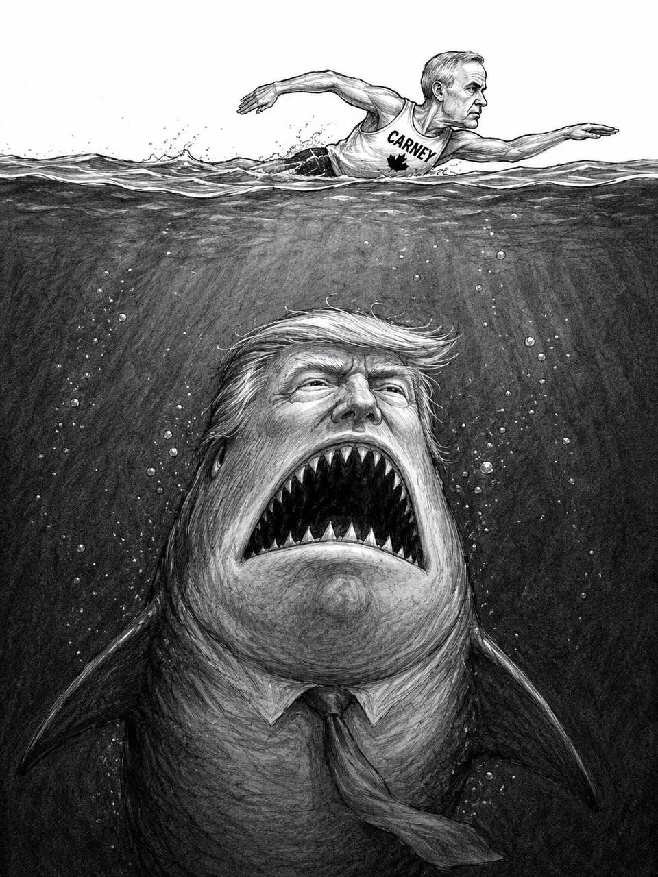 Editorial cartoon depicting Donald Trump as a shark approaching Canadian Prime Minister Mark Carney amid strained trade negotiations
