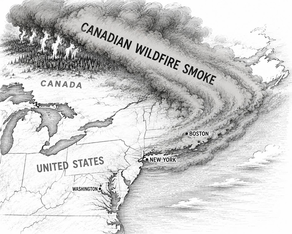 Editorial cartoon showing a cloud of Canadian wildfire smoke drifting south into the United States