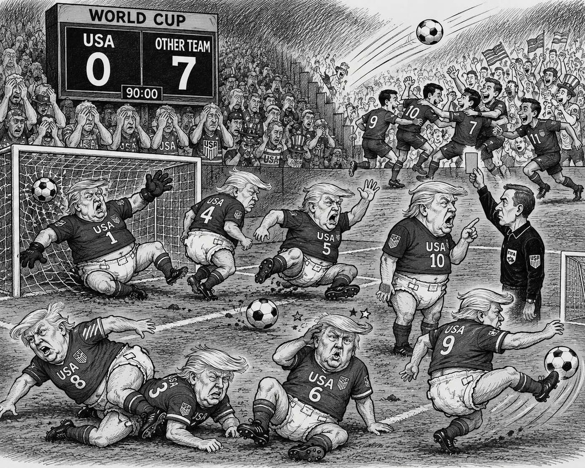 Editorial cartoon about Trump, FIFA and a red card
