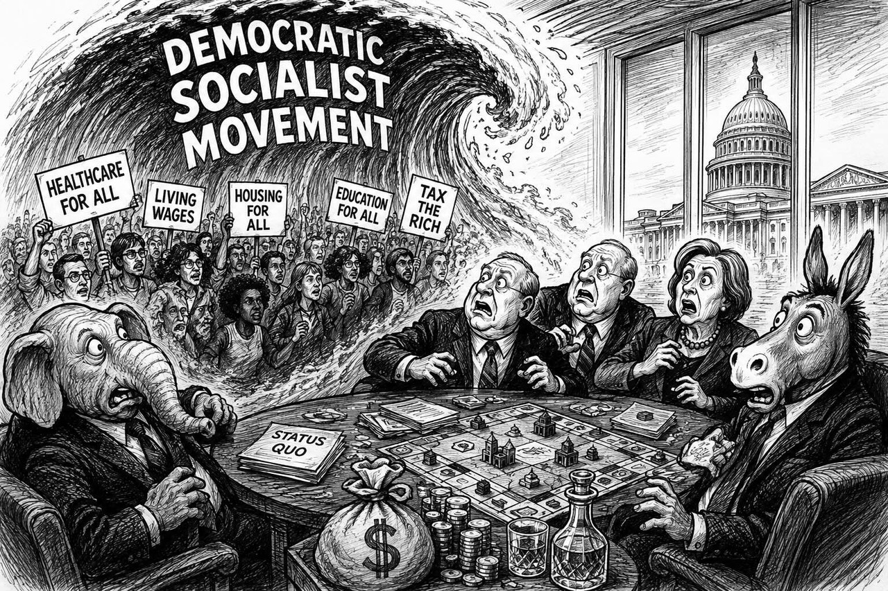 Black-and-white editorial cartoon depicting Democratic and Republican party elites uneasy as democratic socialism gains influence