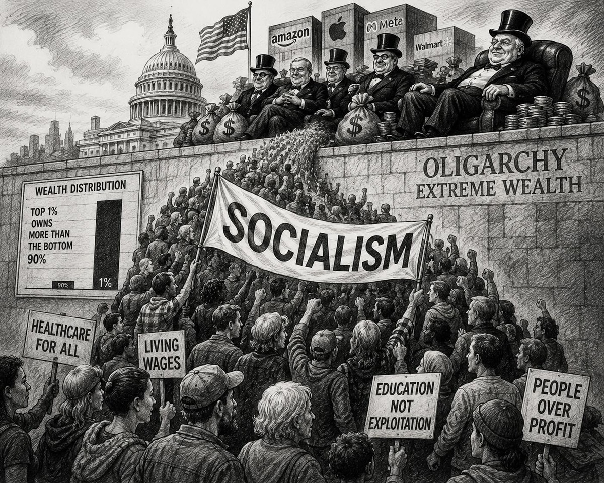 Editorial cartoon depicting the rise of socialism in the United States amid oligarchic wealth concentration and economic inequality