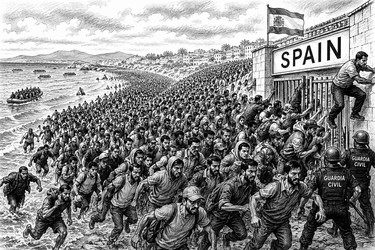 Editorial cartoon depicting desperate would-be immigrants crossing into Spain by the thousands