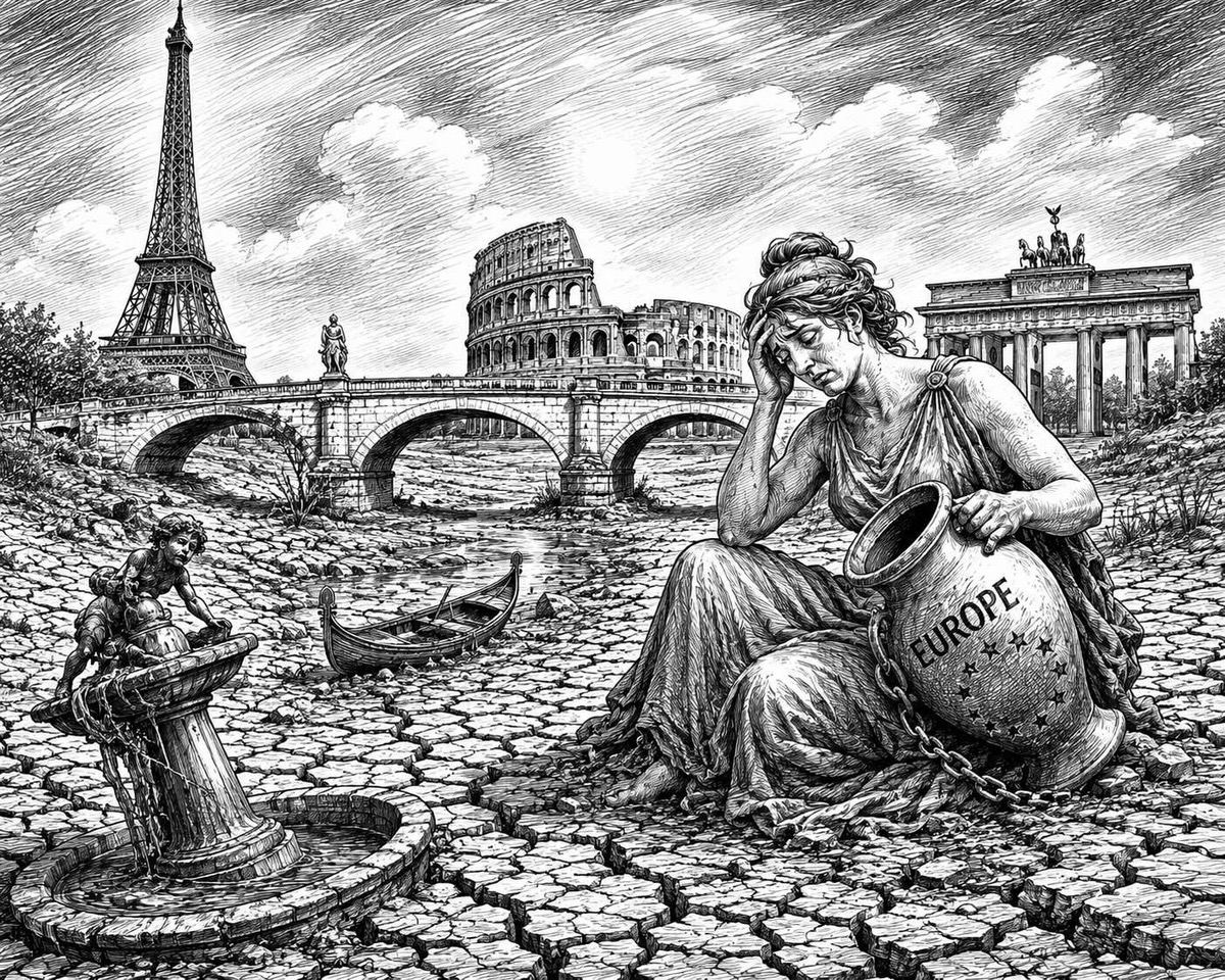 Editorial cartoon depicting the rapid and alarming withering of Europe
