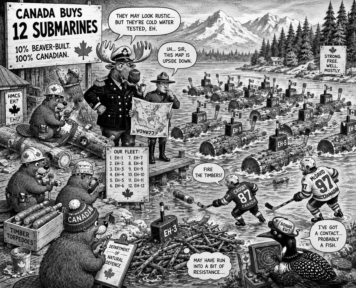 Editorial cartoon titled Canada buys 12 submarines!