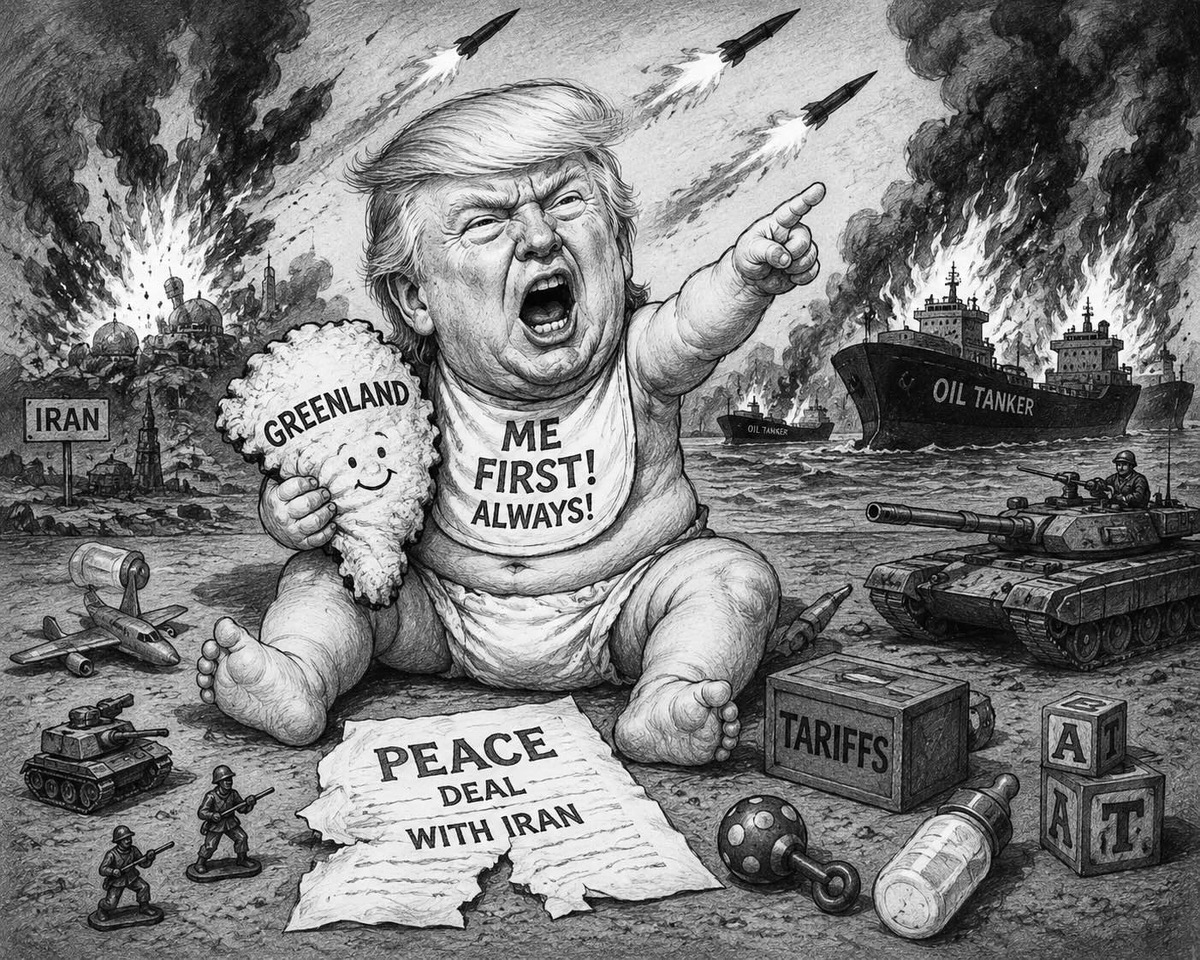 Editorial cartoon about Trump tantrums and allied anger