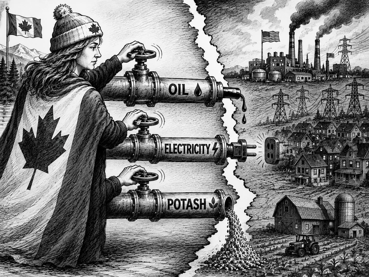 Editorial cartoon showing Canada controlling taps for oil, electricity, potash and other resources flowing to the United States