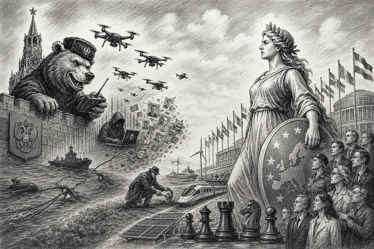 Editorial cartoon depicting a battered Russia projecting a tough-guy image