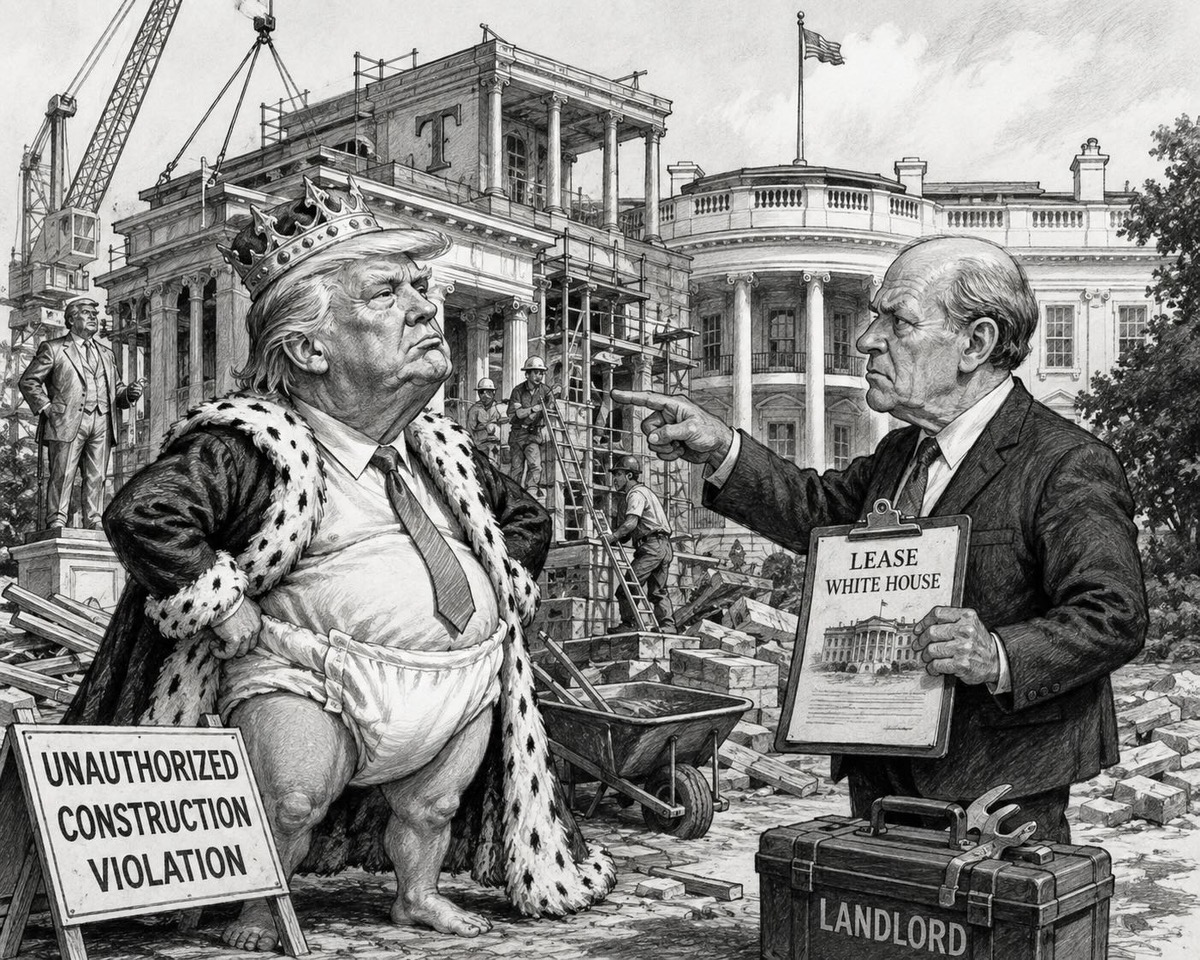 Black-and-white editorial cartoon depicting Donald Trump as a White House tenant throwing a tantrum over his blocked vanity ballroom project