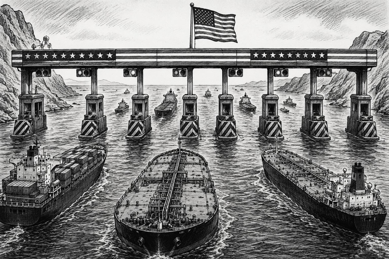 Editorial cartoon about Donald Trump imposing tolls on global shipping through the Strait of Hormuz