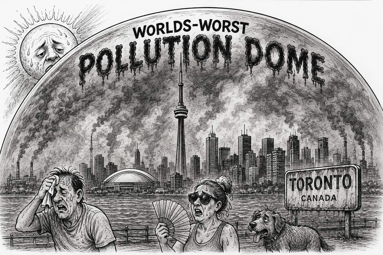 Editorial cartoon showing Toronto trapped beneath a heat dome and wildfire smoke