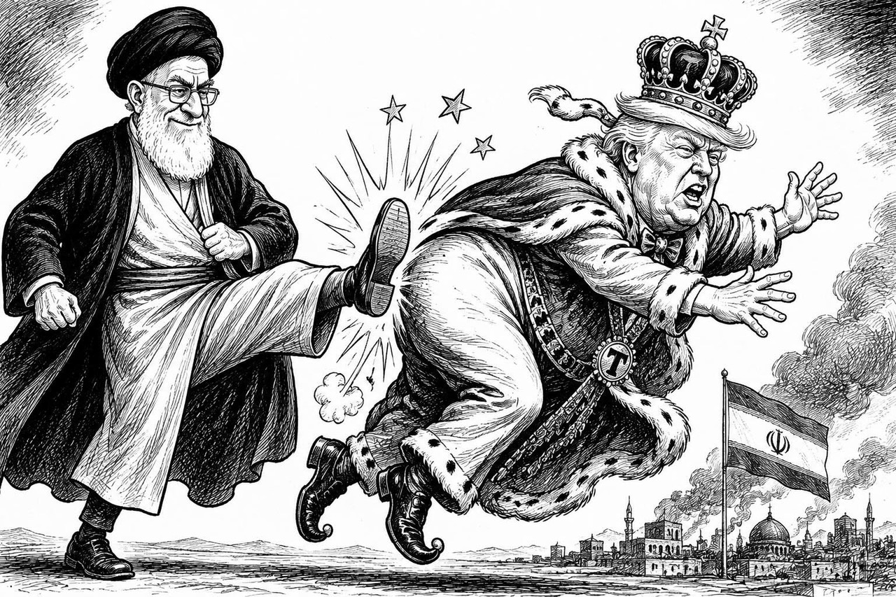 Editorial cartoon depicting Trump being trounced in the Iran war