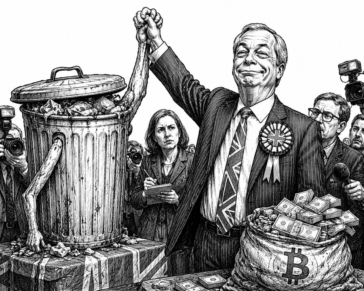 Editorial cartoon depicting Nigel Farage and the satirical trash-can candidate Count Binface after the Clacton by-election