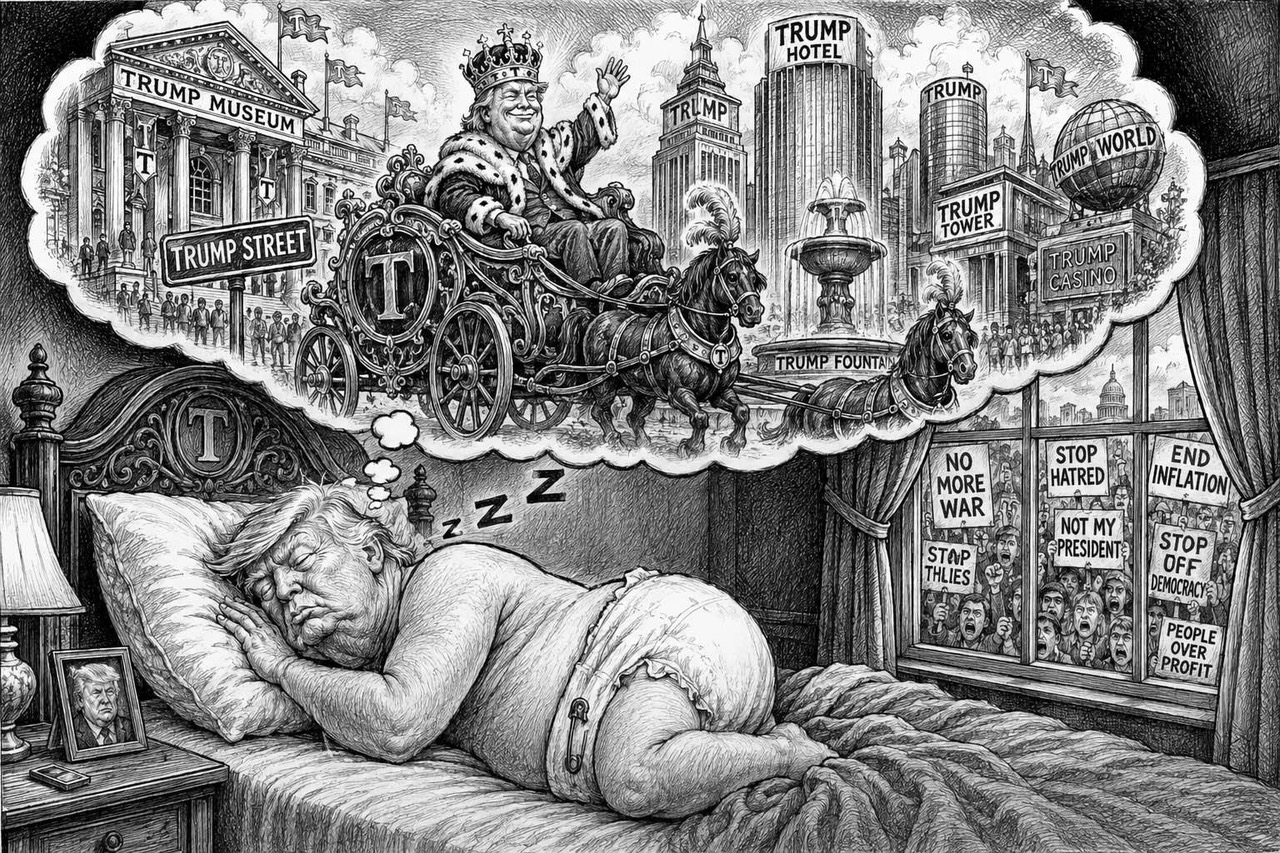 Editorial cartoon showing Donald Trump asleep while dreaming of royal grandeur and monuments to himself as public protests and crises rage outside