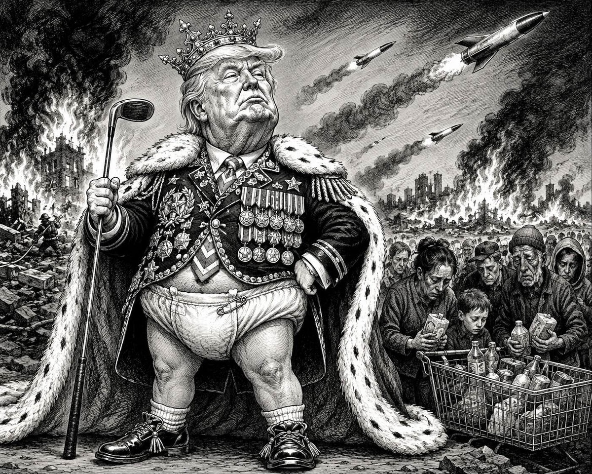 Black-and-white editorial cartoon of Donald Trump boasting about his golf game while fires burn, wars rage and hungry people struggle in the background
