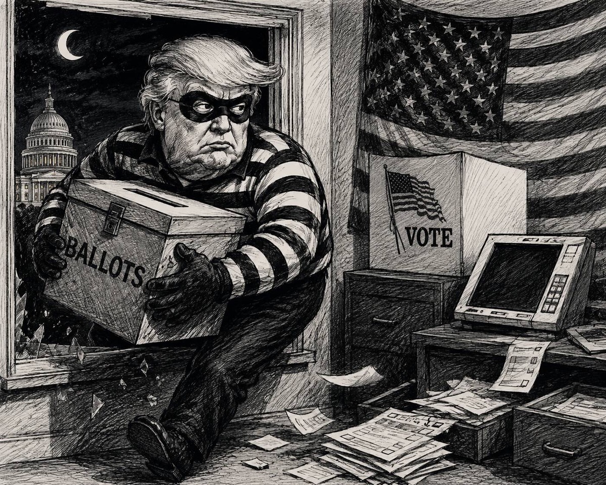 Editorial cartoon depicting Donald Trump as a burglar attempting to steal the United States midterm elections