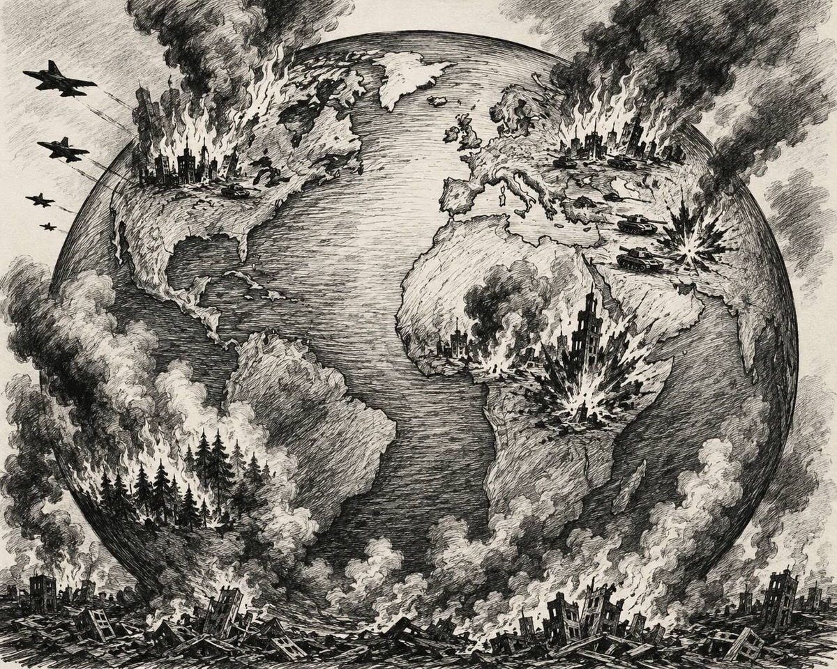 Editorial cartoon depicting wars and wildfires raging across the Earth