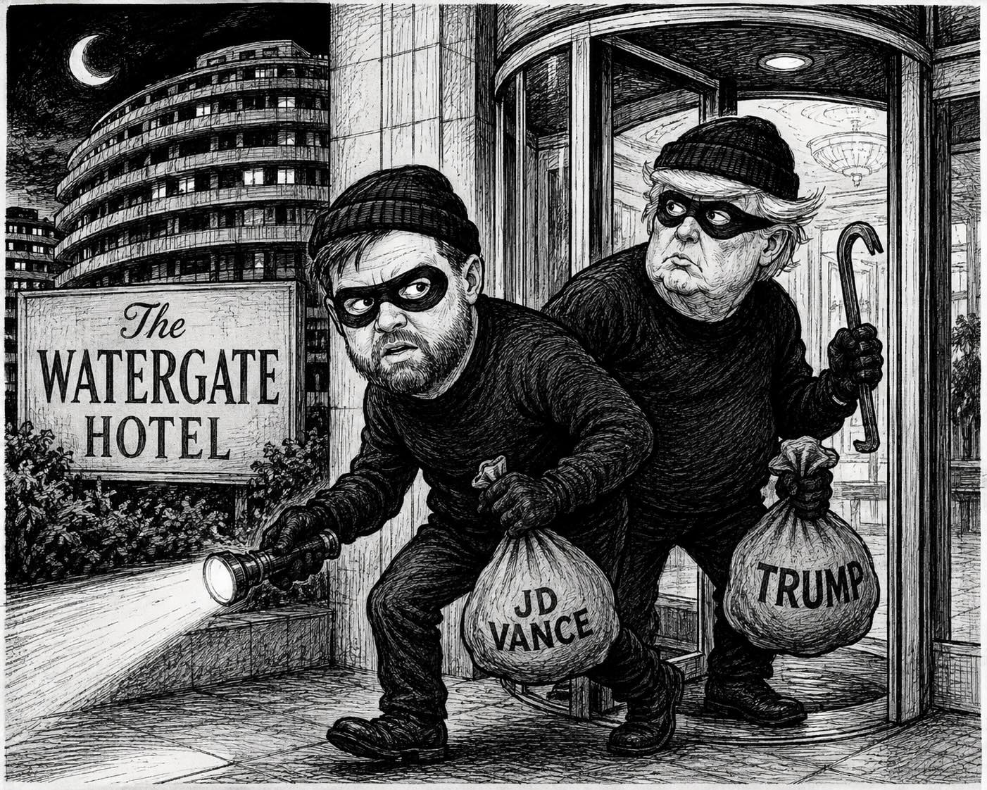 Editorial cartoon titled Back page news