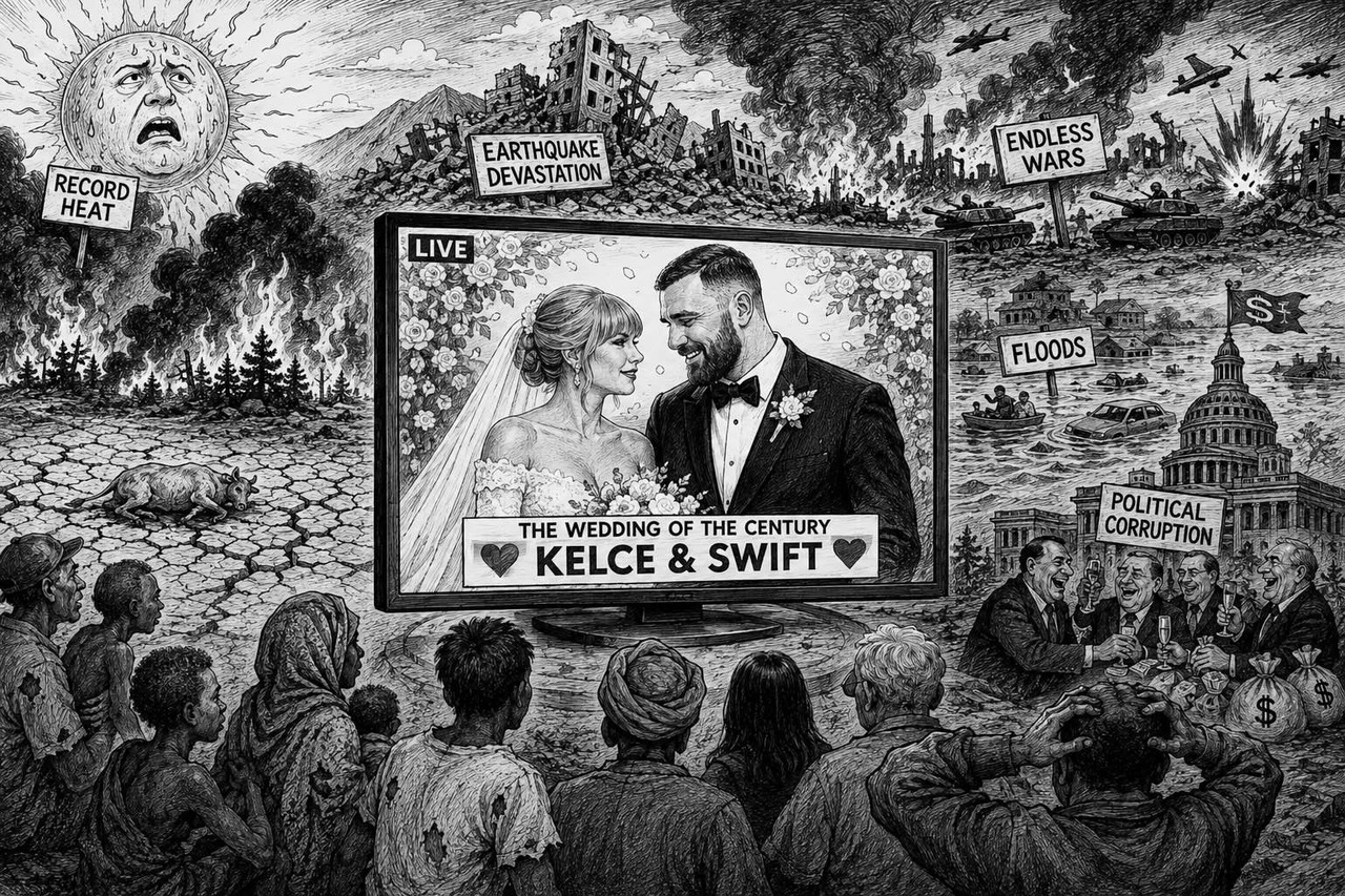 Editorial cartoon about a celebrity wedding dominating world attention